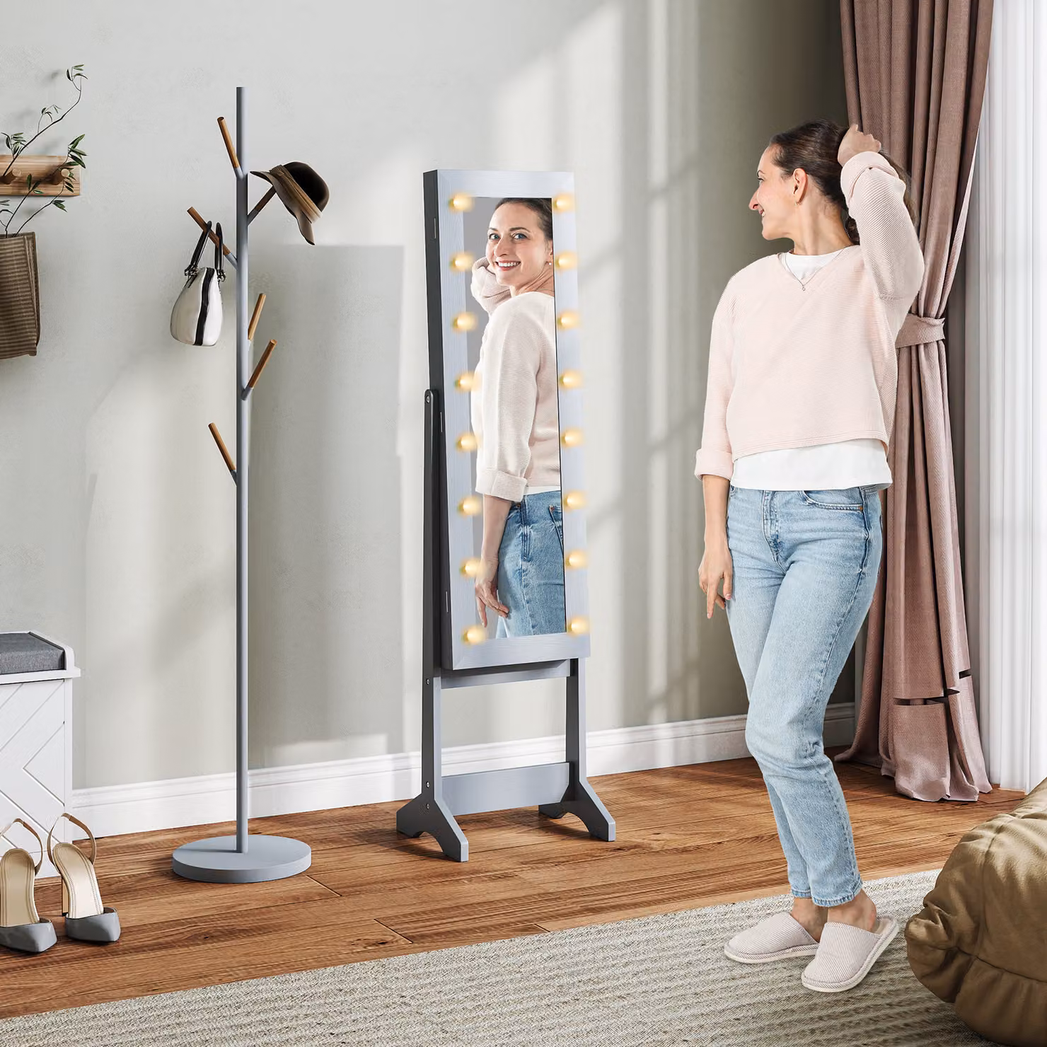 Portagioie da terra HOMCOM con specchio intero regolabile e illuminazione LED, grigio – 2