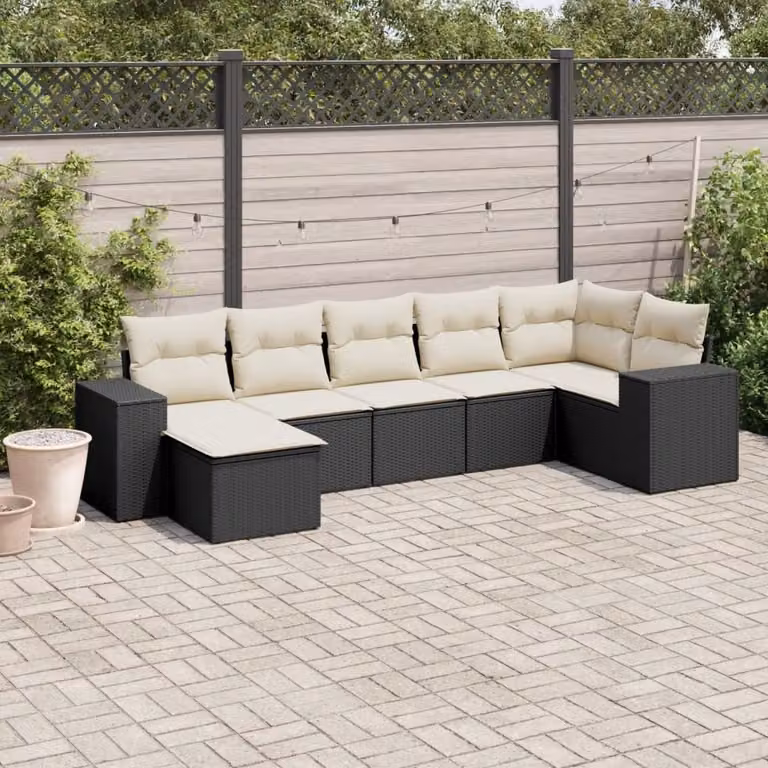 vidaXL Set Divani da Giardino a L con Cuscini 7pz in Polyrattan Nero e Bianco