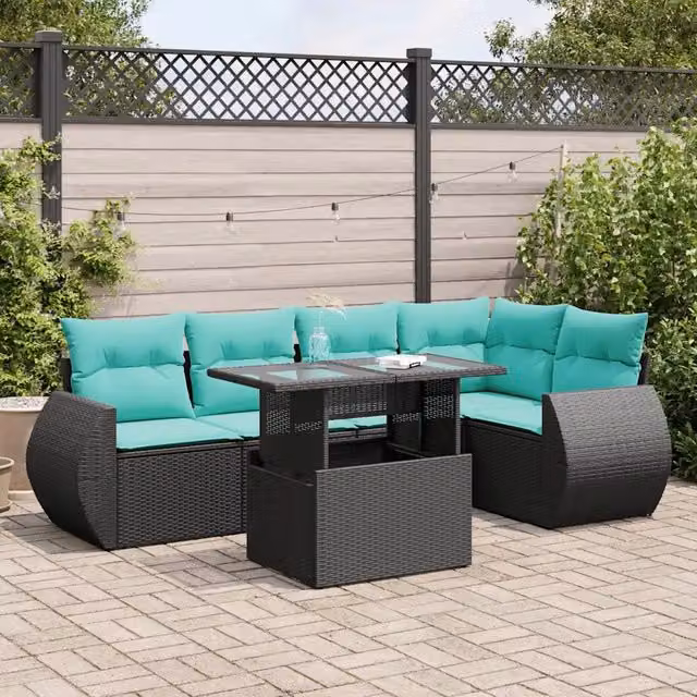 Set Divano da Giardino 6 pz con Cuscini Nero Polyrattan Acacia 3326638