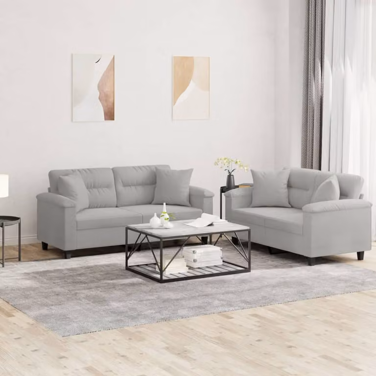 Set di 2 Divani vidaXL in Tessuto Microfibra Grigio con Cuscini