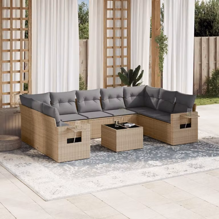vidaXL Set Divano da Giardino 10 pz in Polyrattan con Cuscini Beige e Tavolino