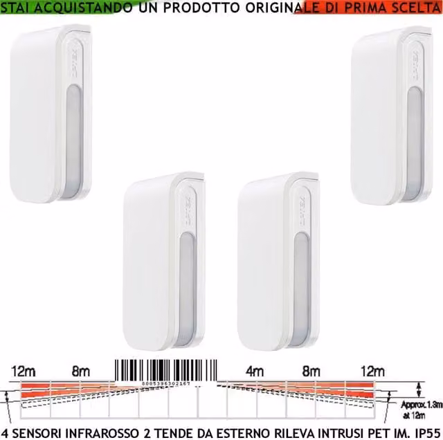 Sensore di movimento infrarosso Securvera con 4 sensori PIR e doppia tenda per esterno, colore bianco, portata 12+12 metri, alimentazione 12V con relè per allarme filare