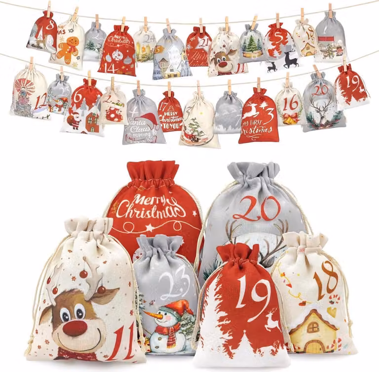 Sacchetti per il calendario dell'Avvento da riempire da soli 24 set 2024 2 dimensioni sacchetti in tessuto Calendario di Natale per bambini adulti