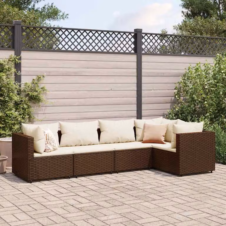 vidaXL Set Divani da Giardino a L 5 Pezzi con Cuscini Marrone e Bianco in Polyrattan e Metallo