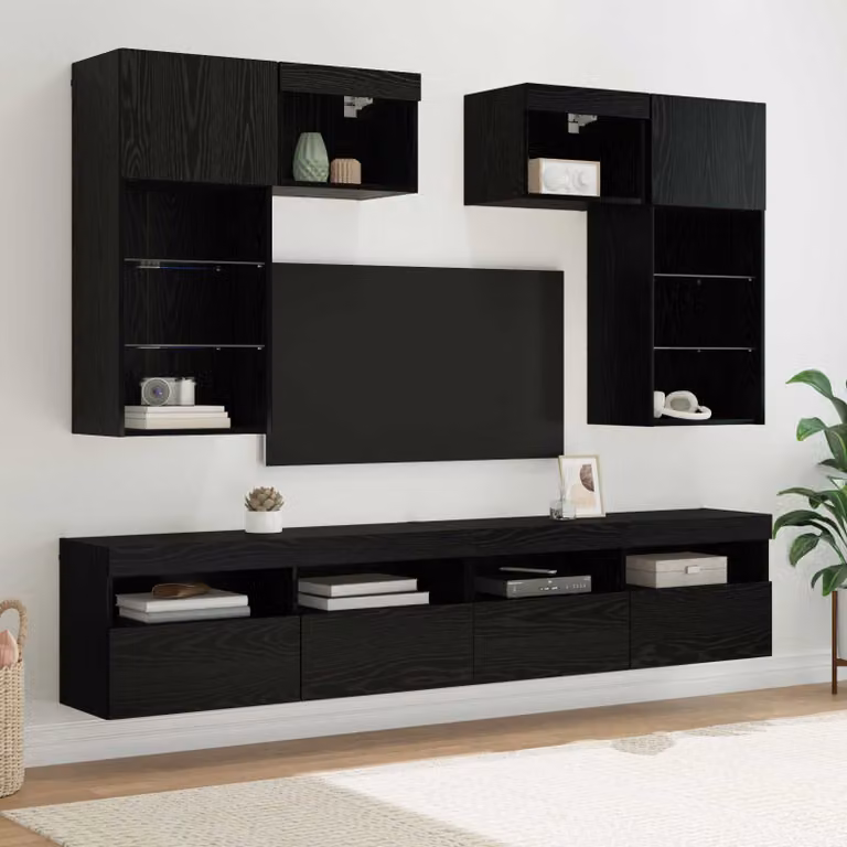 Unità per TV a muro moderna vidaXL in 6 pezzi, colore rovere e nero con finitura opaca