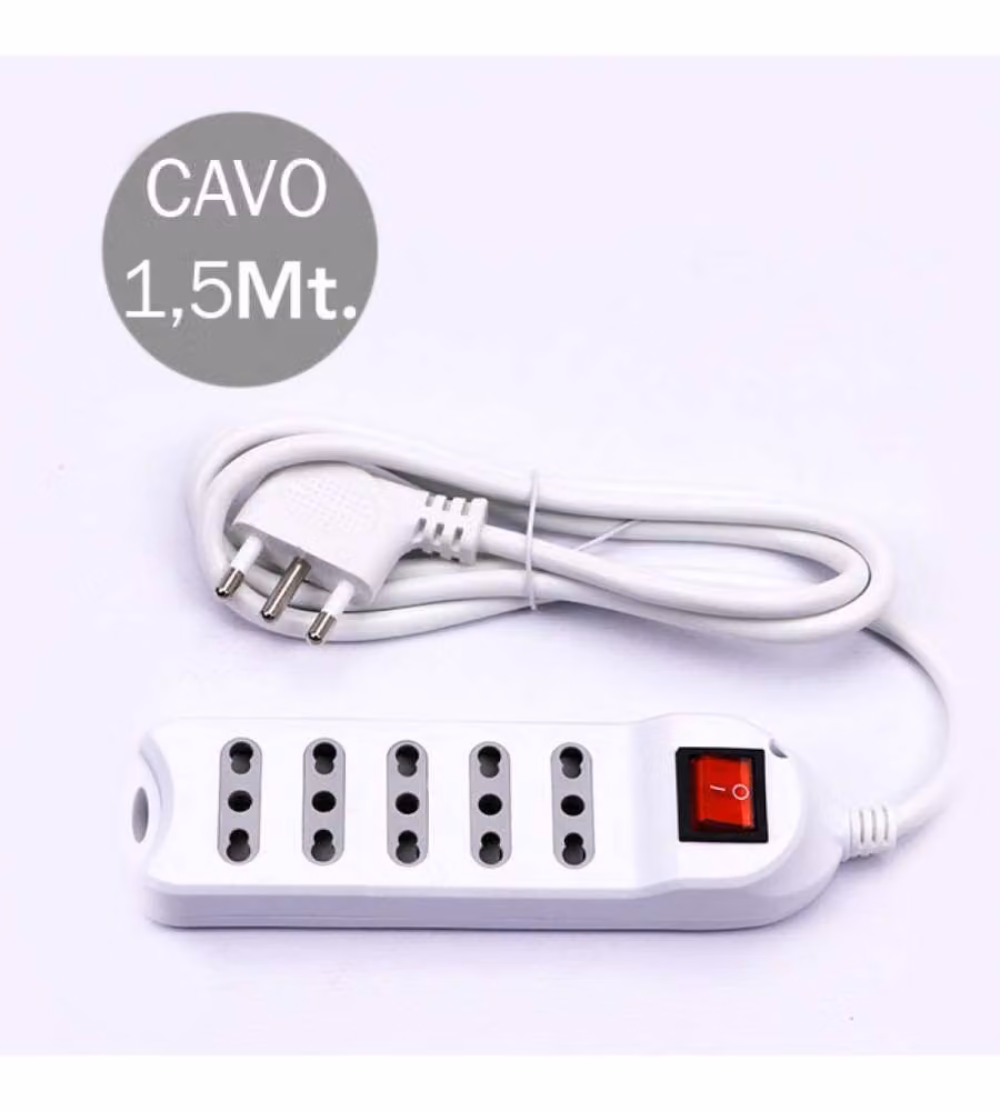 Multipresa V-TAC con 5 Prese 10/16A 2P+T Bipasso, Interruttore Luminoso e Cavo da 1,5 m, Colore Bianco