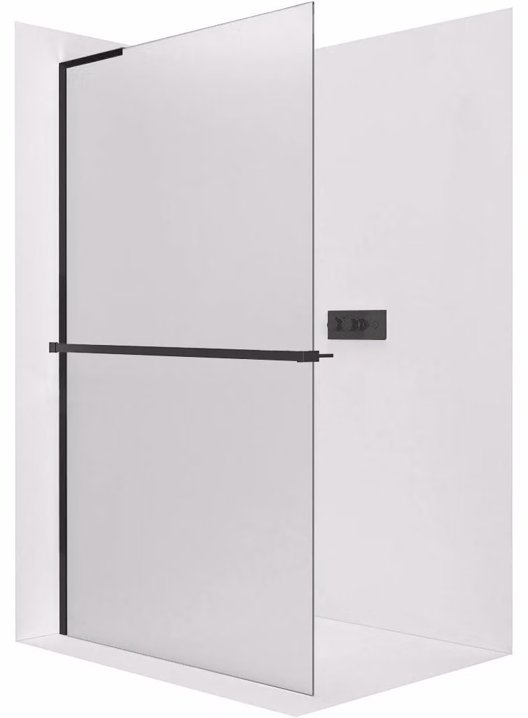 CERANO - Box doccia Walk-in Onyx con montante sinistro - 8 mm + mensola/portasciugamani - nero opaco, vetro smerigliato - 50x200 cm