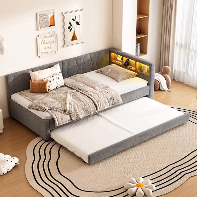 Letto divano singolo estraibile OKWISH grigio con ripiani, porte USB e Tipo C e illuminazione LED sottostante, L/P/H: 90 x 200 x 37 cm