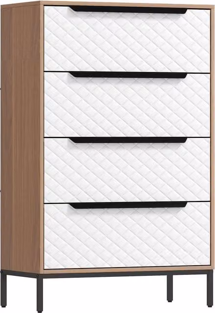 Cassettiera HOMCOM con 4 Cassetti in Tessuto con Motivo a Diamante, Colore Bianco e Beige