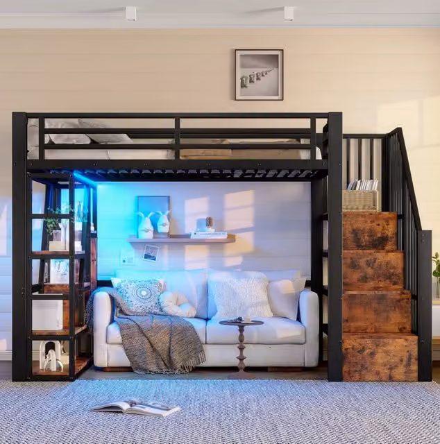 Letto a soppalco 90x200 cm in metallo e MDF con LED; scala contenitore e protezioni; nero