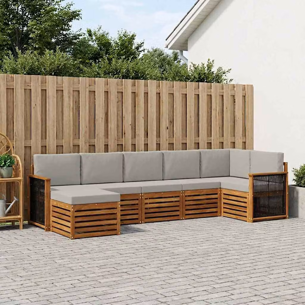 Set di divani da esterno vidaXL 6 pz in legno di acacia con cuscini, modello a L, marrone e grigio