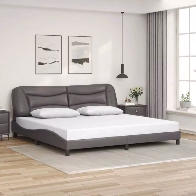 Giroletto senza materasso Hvar vidaXL in similpelle grigia con doghe in legno L/P/H: 200 x 200 x 218 cm