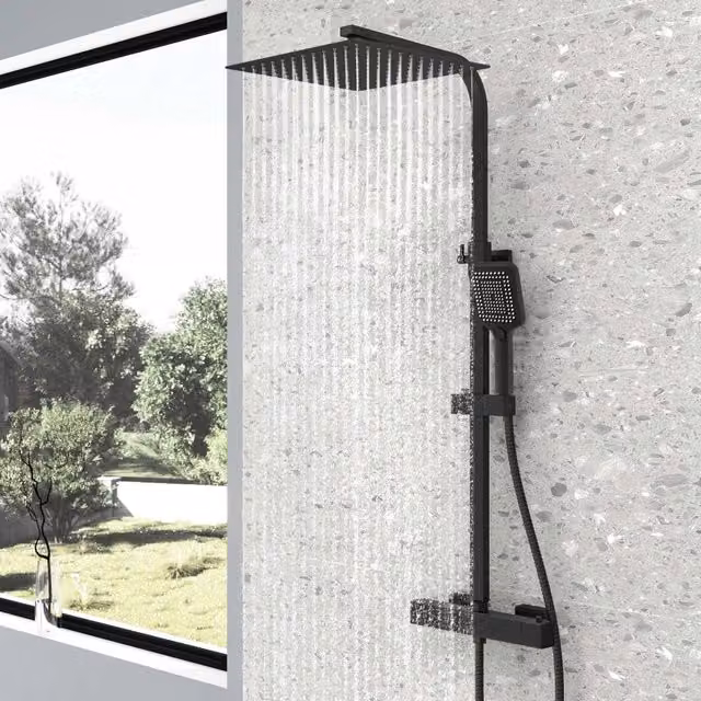 Colonna doccia AICA con miscelatore termostatico e soffione quadrato in acciaio inox nero, rubinetto rettangolare 28x4 cm e soffione 30x30 cm – 1