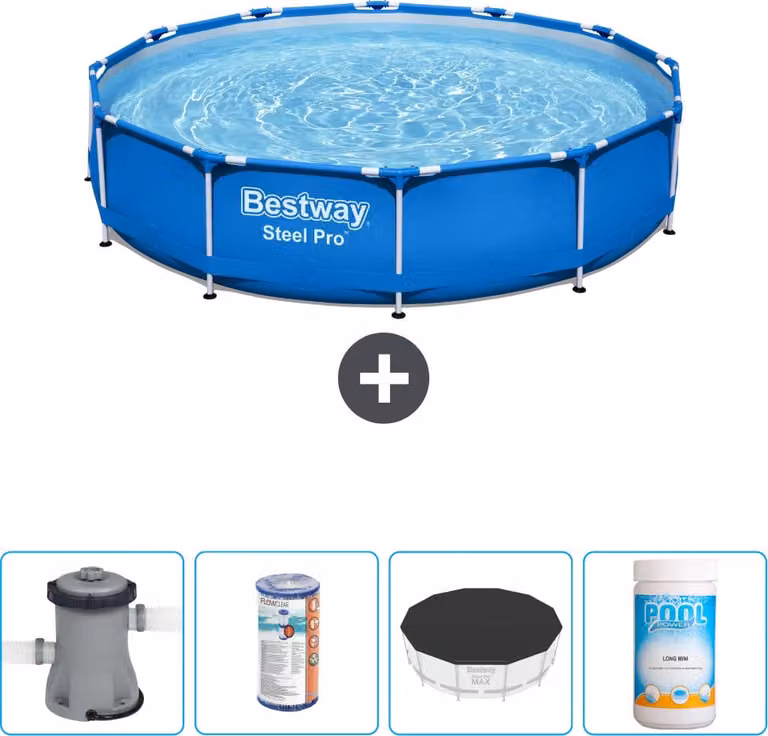 Piscina Bestway Round Steel Pro - 366 x 76 cm - blu - compresa pompa - filtro - copertura - cloro