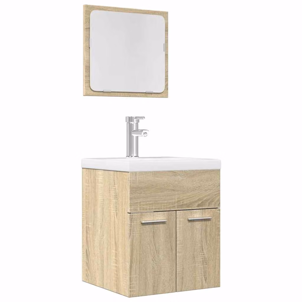 Set di mobili da bagno vidaXL composto da mobile lavabo e armadietto con specchio in legno multistrato e vetro, colore marrone e beige, design moderno a parete