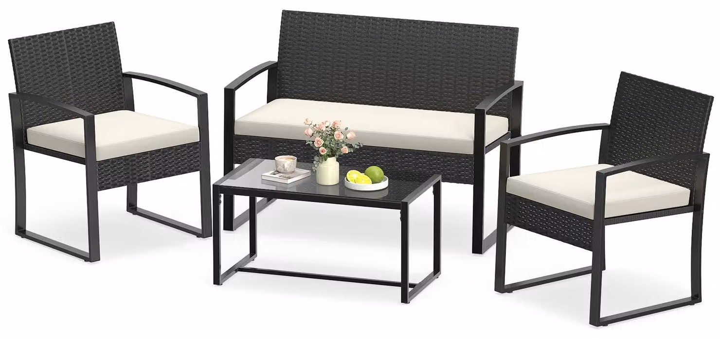Set di mobili da giardino COSTWAY in polyrattan, mobili da esterno, salottino con 2 poltrone, panca, tavolo e cuscini, mobili da terrazza, salottino beige