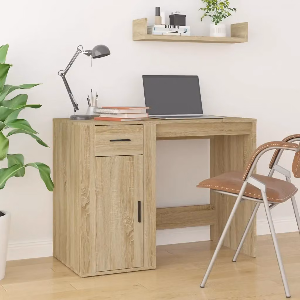 Scrivania moderna per ufficio in legno color rovere e beige, L: 100 cm, P: 49 cm, H: 75 cm – 2