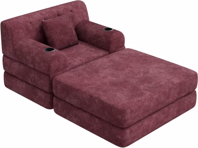 Divano letto compatto in velluto a coste con schienale alto; tasche e portabevande; rosso vino