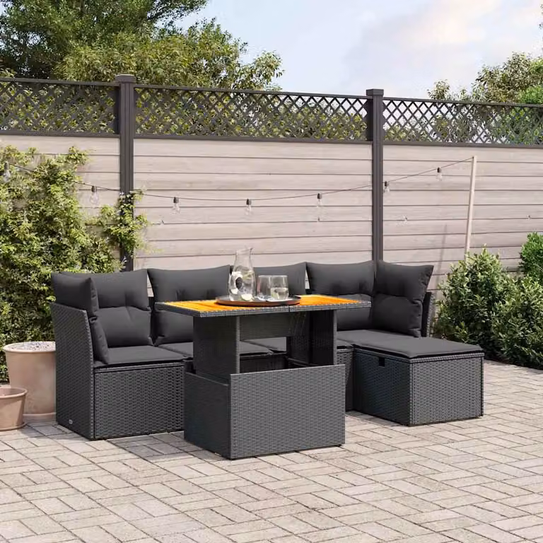 vidaXL Set Divano da Giardino 6 pz a Forma di L in Polyrattan Nero con Cuscini e Tavolino da Caffè