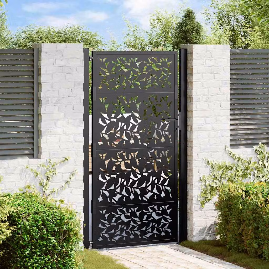 Cancello singolo da giardino vidaXL in acciaio nero con design a foglia L: 110 cm, H: 175 cm