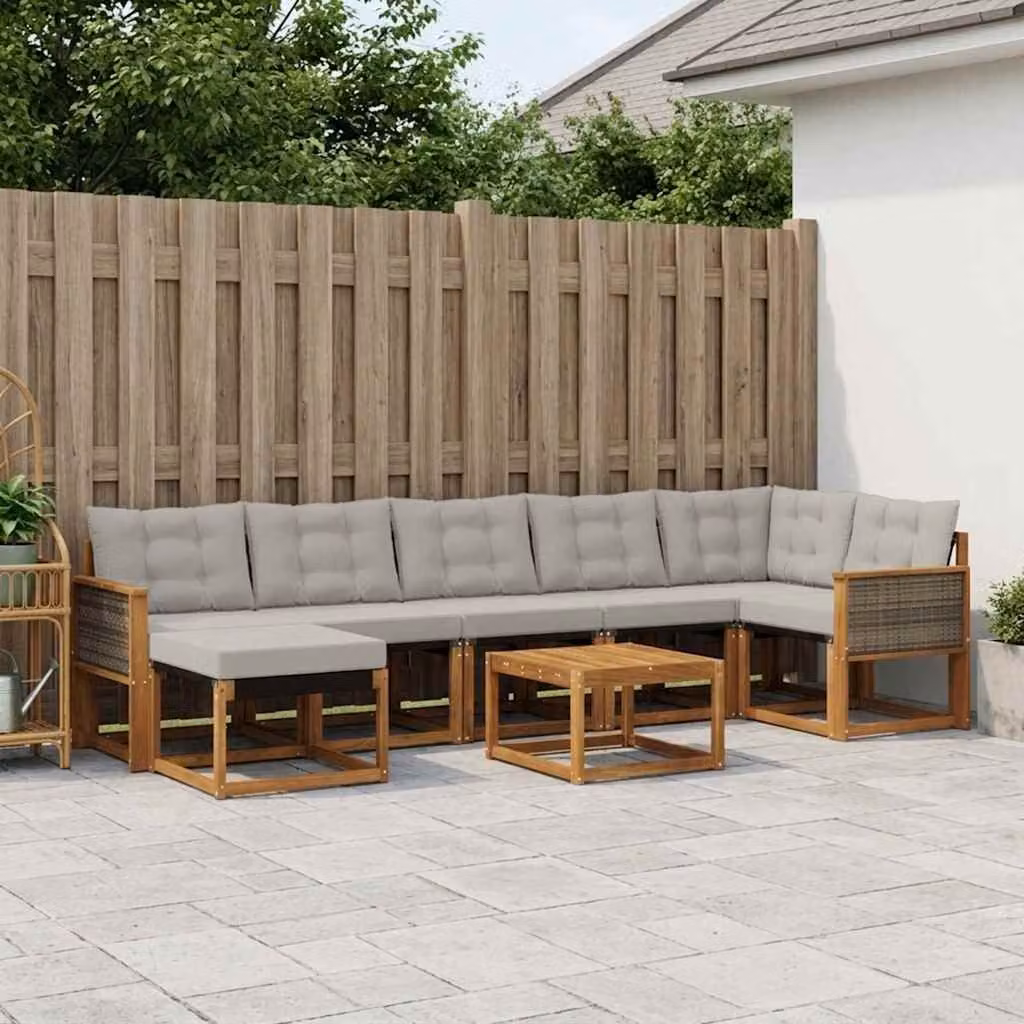 Set di divani da esterno vidaXL 8 pz in legno di acacia con cuscini rimovibili, colore marrone e grigio chiaro
