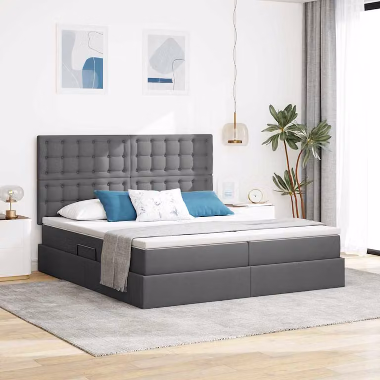 Letto moderno vidaXL con contenitore a sollevamento, illuminazione LED sottostante e porta di ricarica USB, rivestimento in tessuto grigio, L: 200 cm, P: 200 cm, H: 204 cm