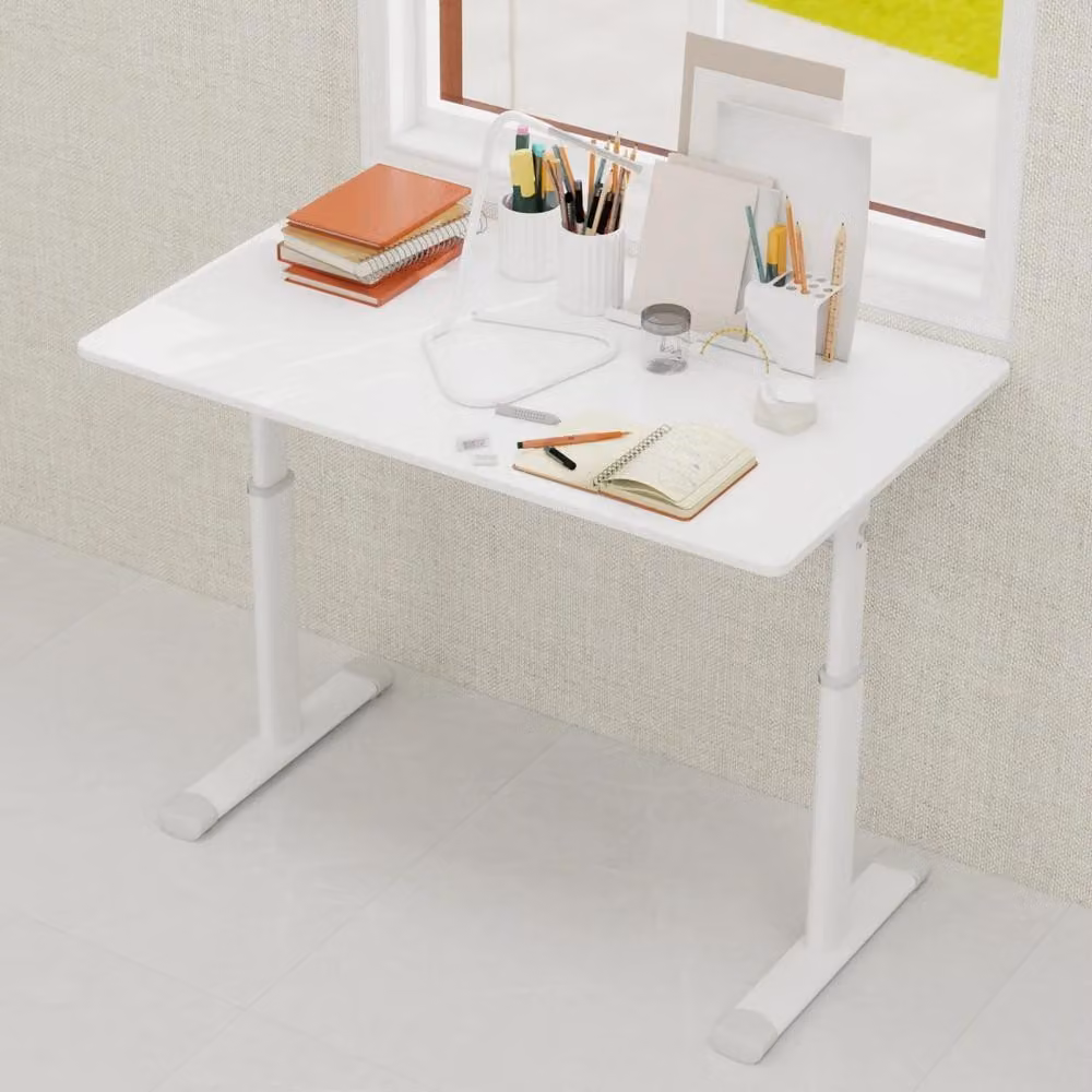 Scrivania regolabile in altezza - Tavolo da lavoro - 60 x 100 cm - Adatto a bambini e adulti - Struttura in metallo e legno - Supporto a doppia colonna - Bianco
