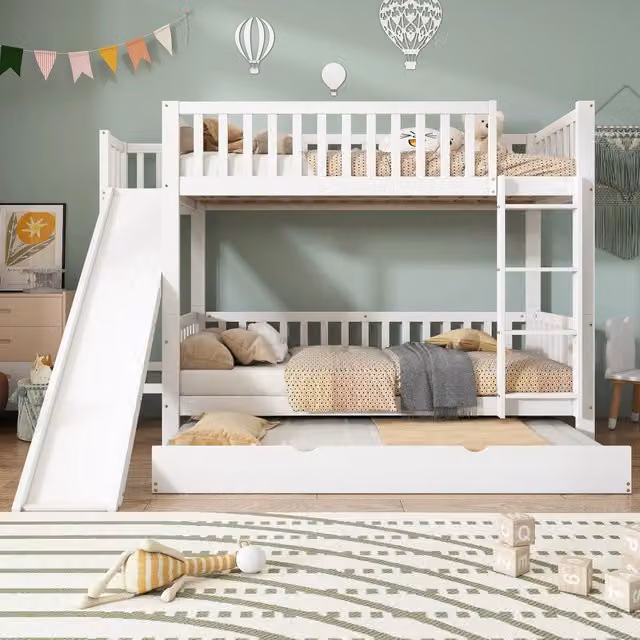 Letto a castello Mivray per bambini con letto estraibile, scivolo, scala a 4 gradini e ripiani laterali, colore bianco, H 250 x L 90 x P 170,5 cm