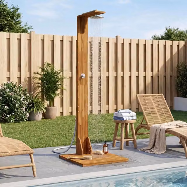 Doccia da esterno Videx Naturale in legno e acciaio inox, colore marrone, L: 219 cm, H: 75 cm, P: 74 cm – 1