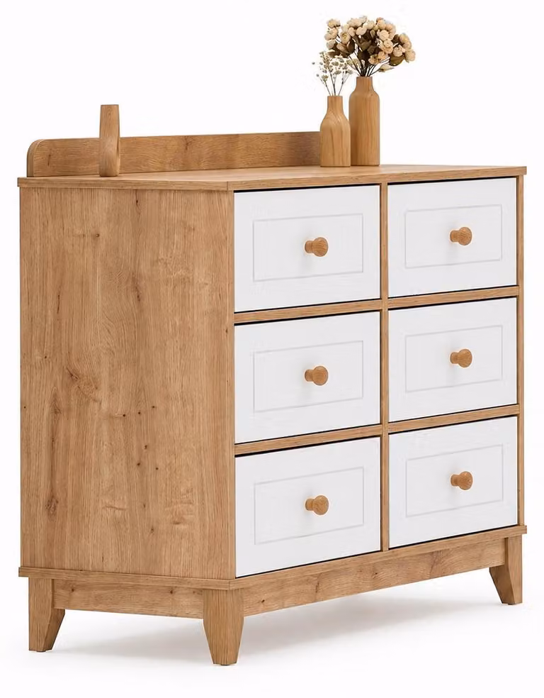 Comodino elegante con sei cassetti, disponibile in bianco e con finitura effetto legno di quercia