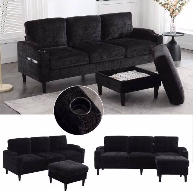 Divano modulare 4 posti con pouf contenitore portabevande e tasche laterali in ciniglia nera 196,5 × 75 × 77 cm
