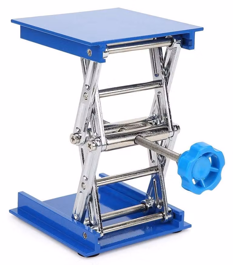 Lab Jack Blauw - Piattaforma di sollevamento in alluminio - Regolabile - Struttura stabile - Capacità massima: 5 kg - Dimensioni: 100 x 100 x 40 mm - Supporto da laboratorio