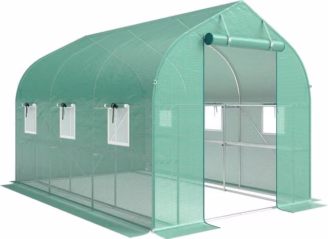 Serra tunnel da giardino Outsunny da 6 m2 con scaffali, porta e finestre, telaio in acciaio galvanizzato, verde