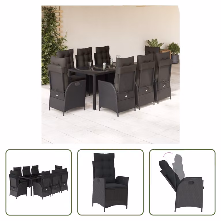 The Living Store Set da pranzo da giardino 9 pezzi con cuscini in polirattan nero