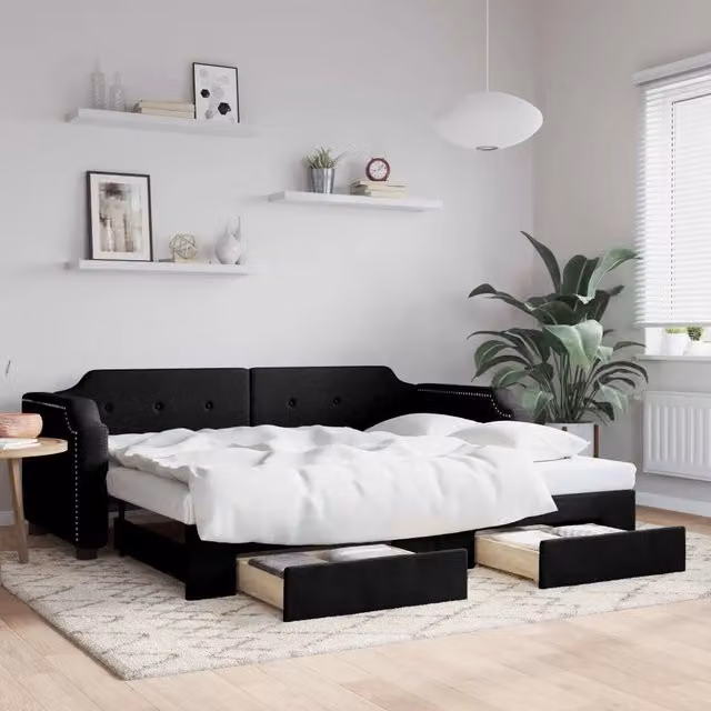 Divano Letto Estraibile con Cassetti-Sofa Letto-Daybed Nero 90x190 cm in Tessuto 672651