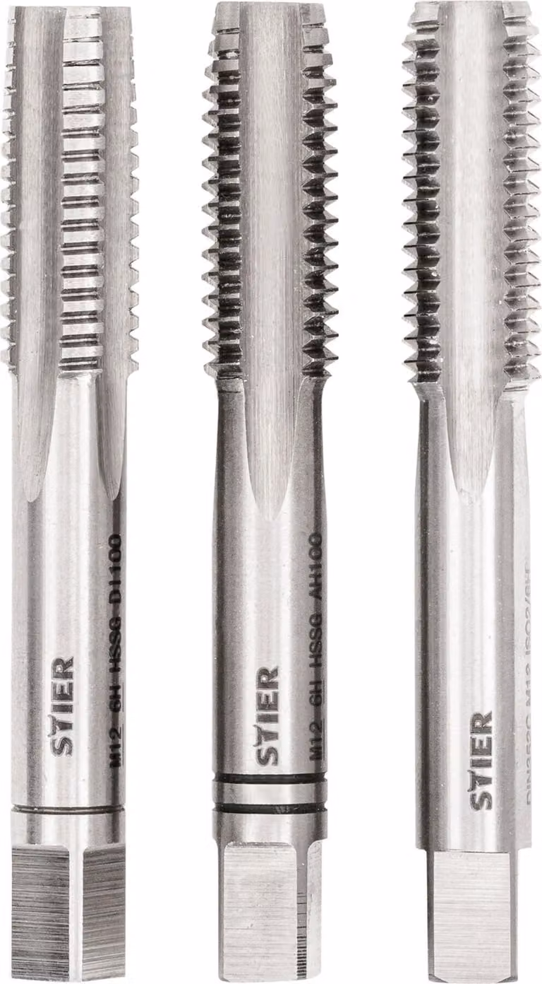 Set di 3 rubinetti a mano STIER, rubinetto di premeditazione e di finitura, DIN 352 HSS-G M12, per la produzione di filettature interne DIN13, standardizzato, rettificato, alta qualità