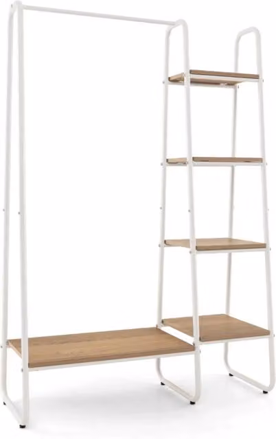 Appendiabiti organizer multifunzionale con 5 ripiani in legno e metallo, design moderno, colore bianco, L: 99,5 cm, P: 15 cm, H: 151 cm