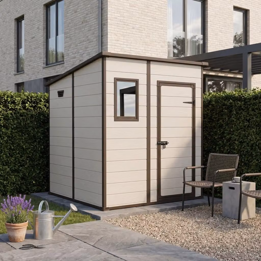 Casetta da Giardino Keter Manor Pent 6x6 in Resina Beige con Effetto Legno e Anta Singola L/P/H: 183,5 x 200 x 185 cm – 2