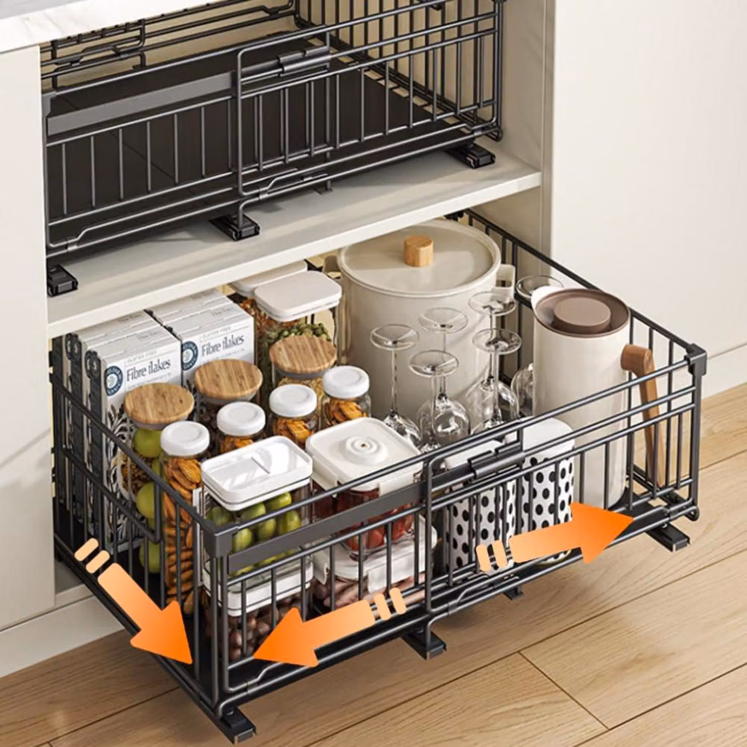 Cassetti telescopici estensibili per l'organizzazione della cucina, 2 pezzi, larghezza 32,5-50 cm, colore nero, materiale: metallo