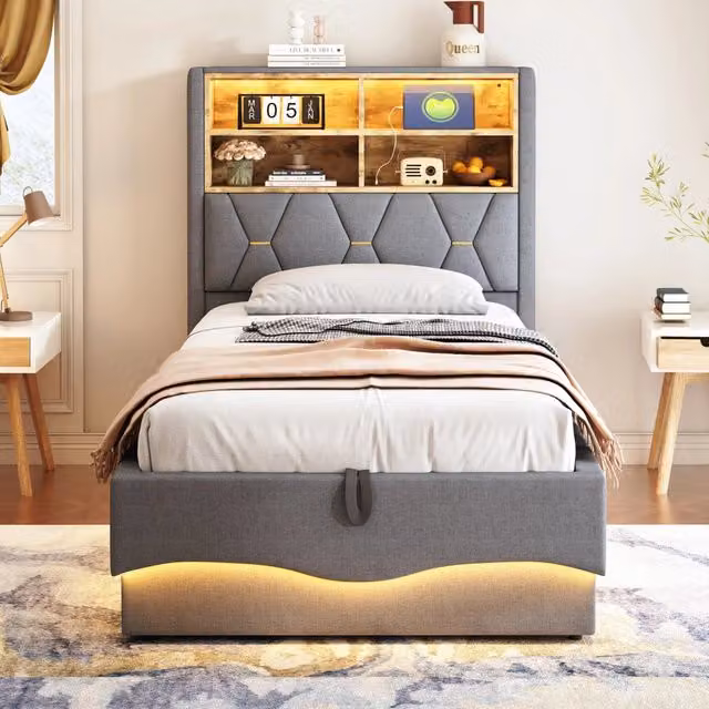 Letto per bambini imbottito 90 × 200 cm con vano contenitore LED intelligente USB in lino e metallo grigio