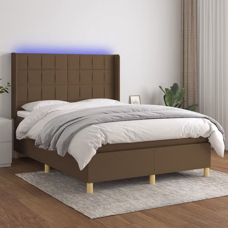 The Living Store Letto a molle con materasso e LED in tessuto marrone scuro 140x190 cm