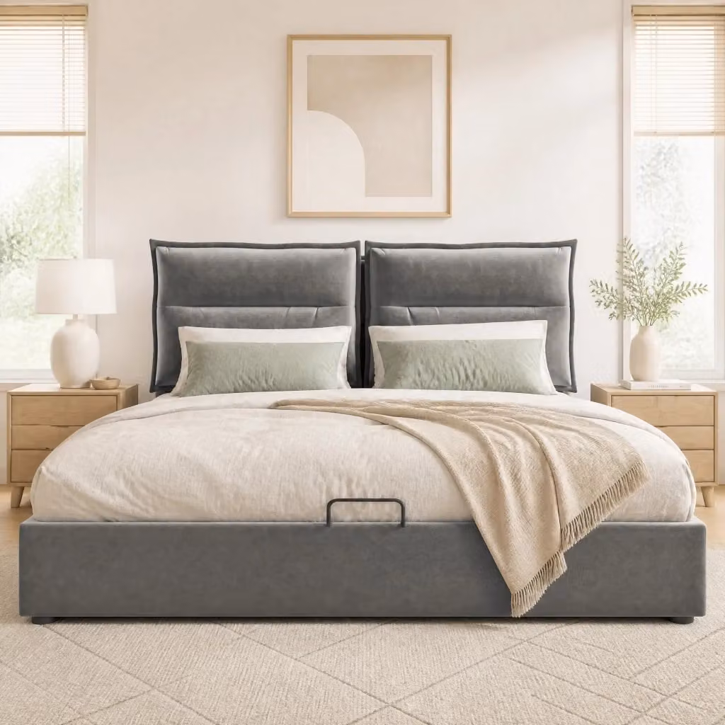 Letto contenitore Mivray in velluto grigio con testiera regolabile e rete a doghe, L/P: 140 x 200 cm – 2
