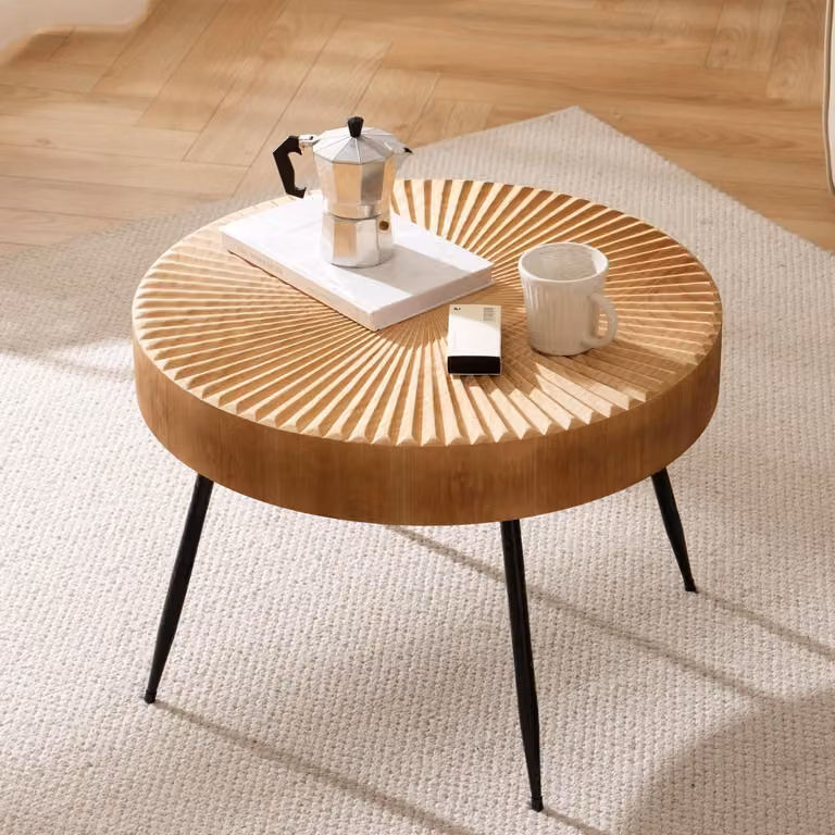 Tavolino laterale rotondo in legno, 60x42 cm, design con rilievo che ricorda le venature del legno