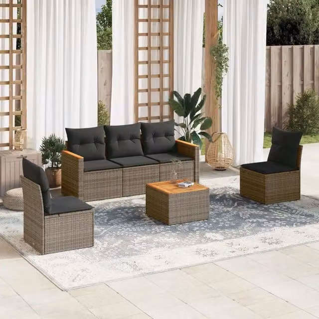 Set Divano da Giardino 6 pz con Cuscini-Sofa da Giardino-Divanetto da esterno Grigio in Polyrattan 713139