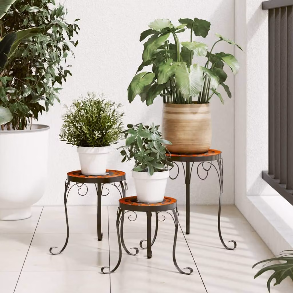 Set di 3 supporti per piante vidaXL in ceramica e acciaio, colori arancione e nero