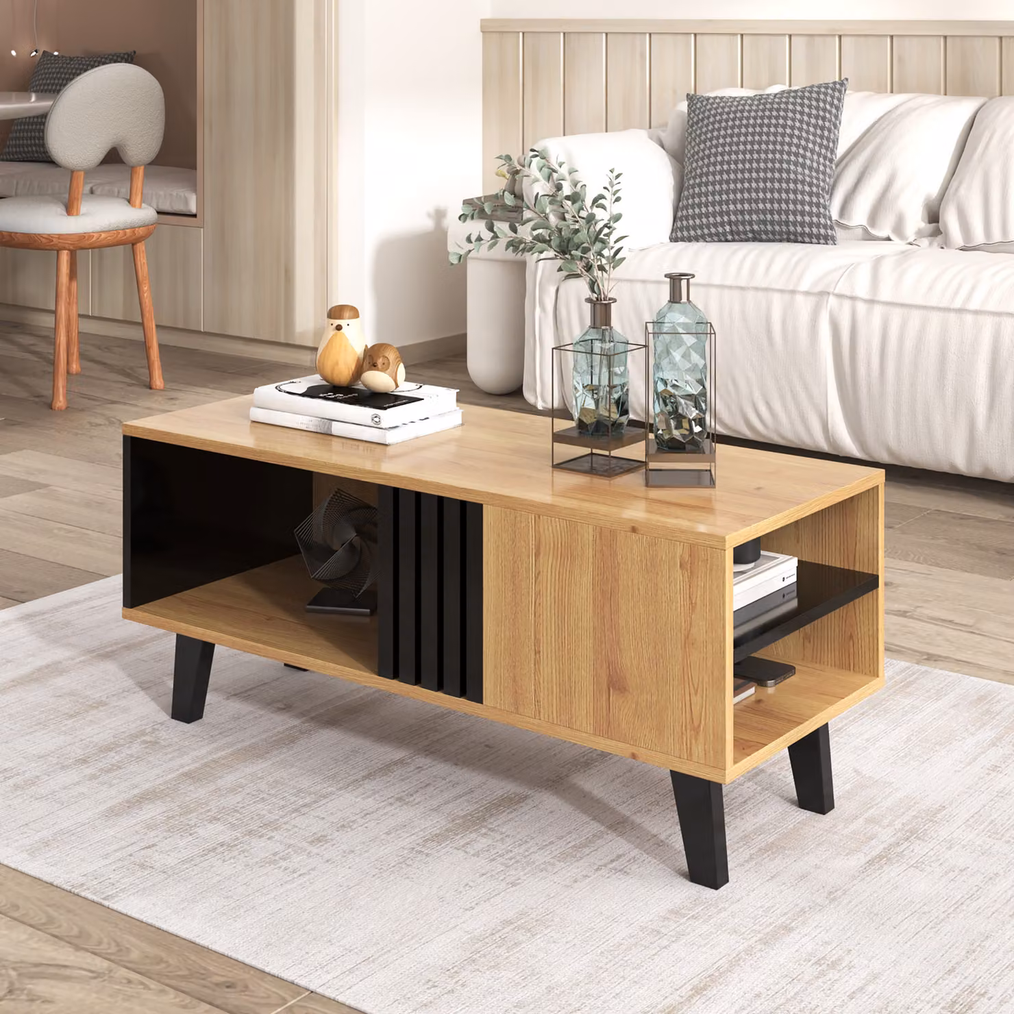 Tavolino Merax in legno patchwork, tavolino da salotto con ampio spazio di archiviazione, tavolino in stile rustico, 100x60x43cm, nero/legno