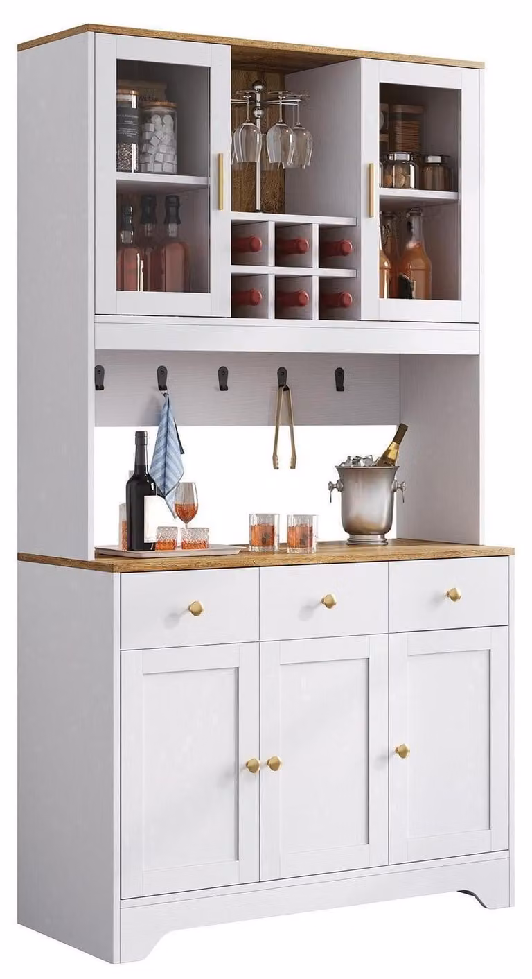 Mobiletto da cucina 94,5 x 30 x 175,5 cm con cassetti e ripiano per bottiglie, 5 ante, colore bianco e legno