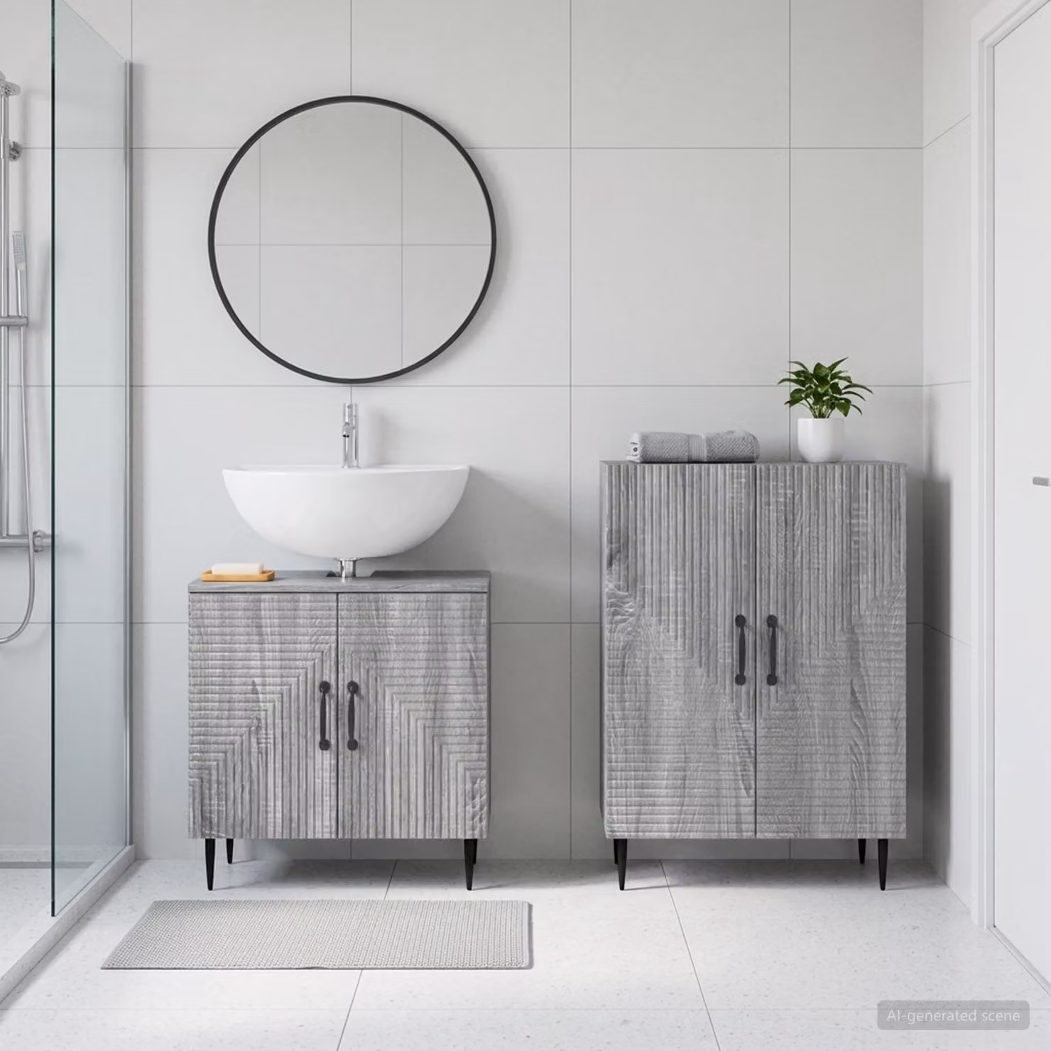 Set di mobili da bagno vidaXL HAARLEM composto da mobile lavabo e mobile contenitore, colore grigio, design moderno in legno e MDF