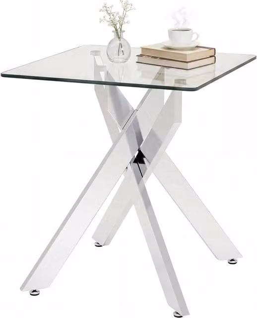 Tavolino laterale quadrato moderno con piano in vetro temperato trasparente e base in metallo argento, ideale per soggiorno o camera da letto, L/P/H: 45 x 45 x 50 cm