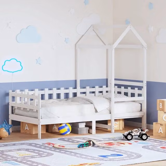 Dormeuse per bambini vidaXL in legno massello di pino bianco con struttura a casetta L/P/H: 203.5 x 80 x 68.5 cm